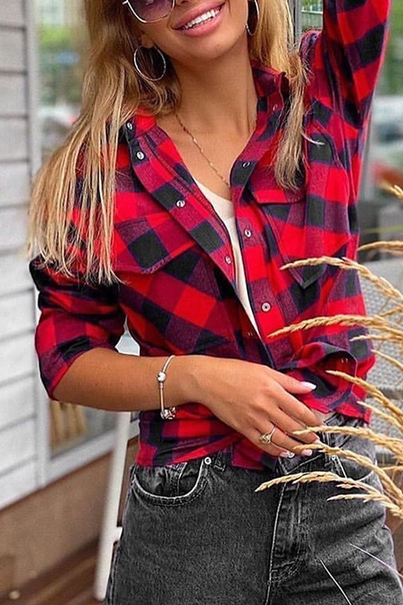 Casual Plaid Pocket Buckle Turndown Collar Tops(3 colors)