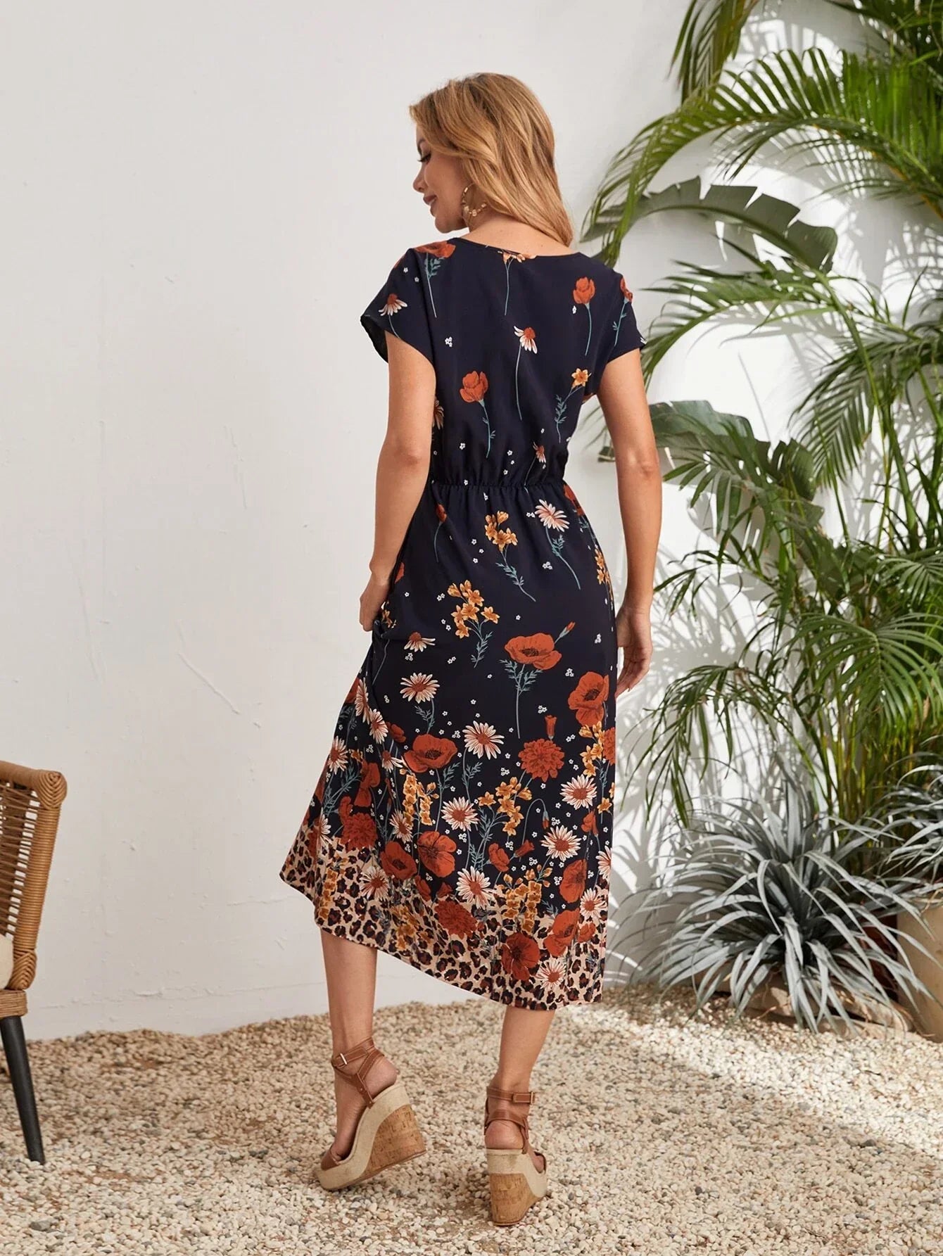 Batwing Sleeve Elastic Waist Floral Dress