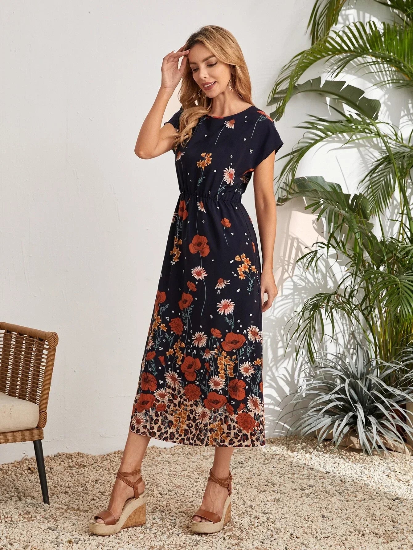 Batwing Sleeve Elastic Waist Floral Dress