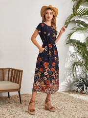 Batwing Sleeve Elastic Waist Floral Dress