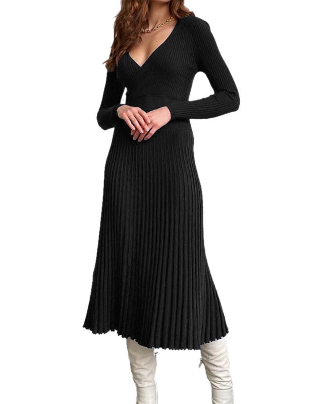 V-neck Wrap Bodice Knee-Length Knit Pleated Dress