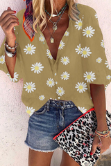 Casual Print Patchwork V Neck Blouses(4 Colors)