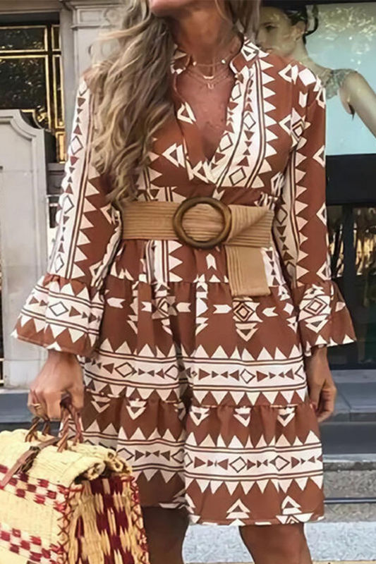 Fashion Print Patchwork Turndown Collar Cake Skirt Dresses