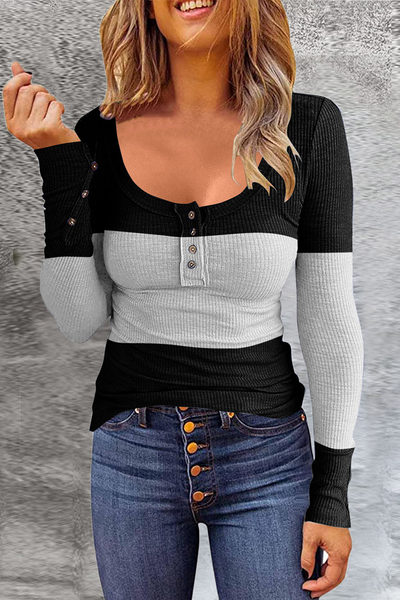 Casual Gradual Change Patchwork U Neck Tops