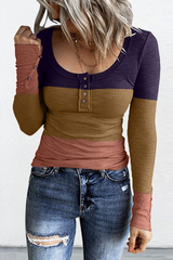 Casual Gradual Change Patchwork U Neck Tops