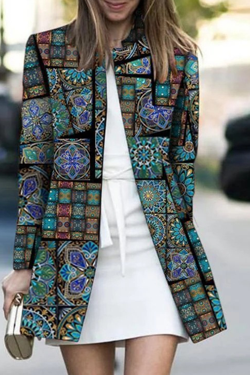 Casual Print Split Joint Cardigan Collar Outerwear