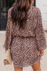 Casual Leopard Split Joint O Neck Waist Skirt Dresses