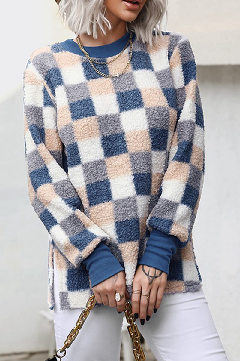 Fashion Plaid Patchwork O Neck Tops