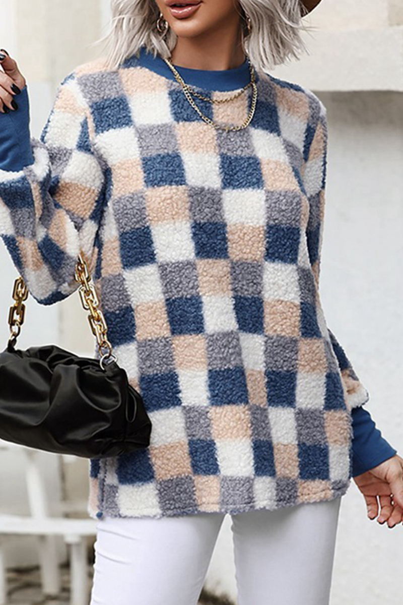 Fashion Plaid Patchwork O Neck Tops