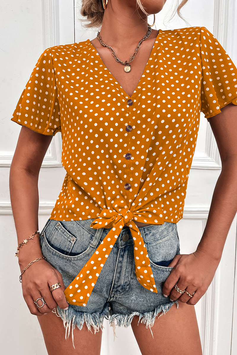 Casual Dot Split Joint V Neck Tops