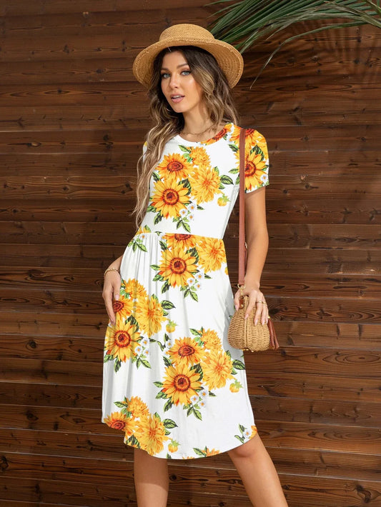 Sunflower Print Slant Pocket Dress