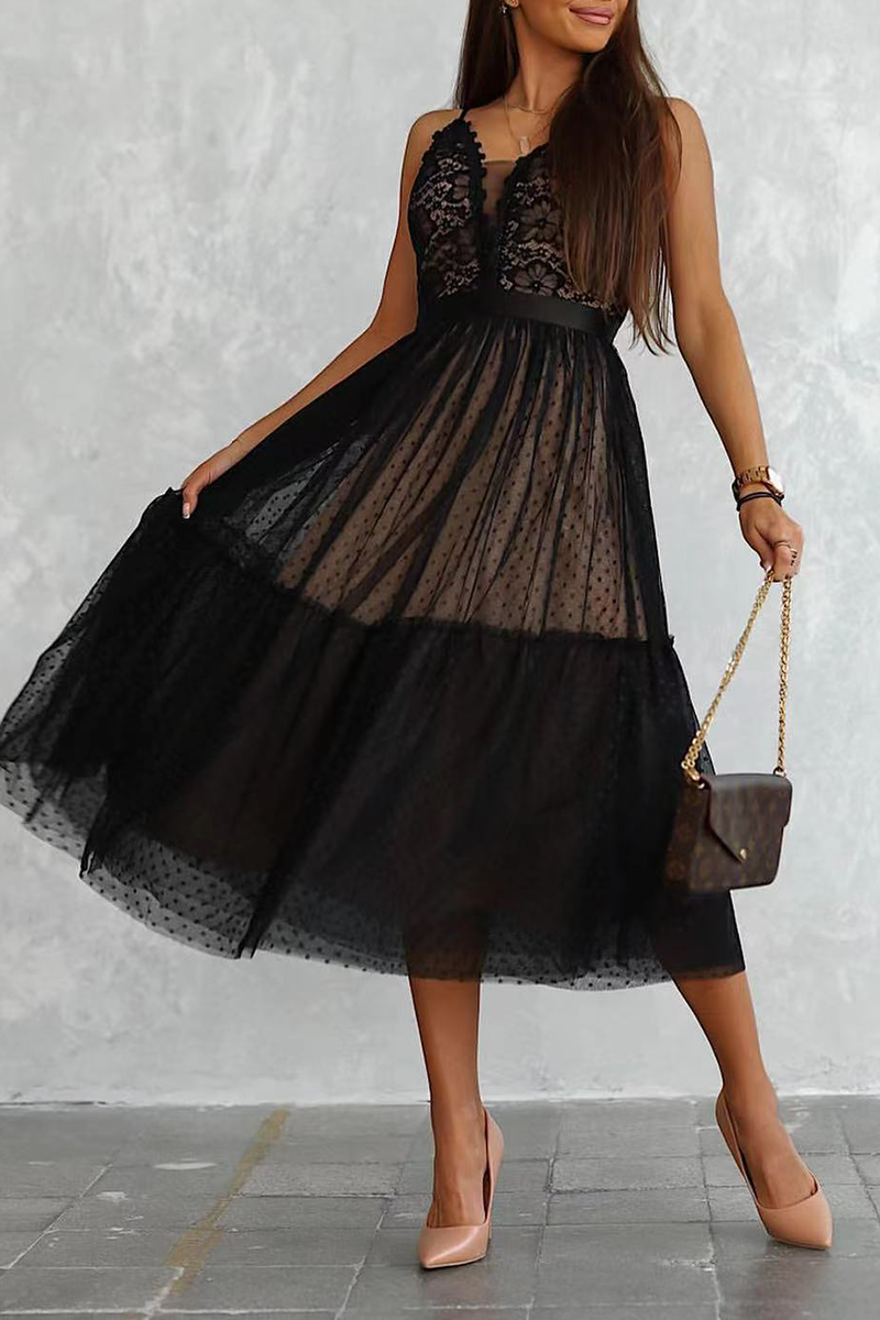 Casual Patchwork Lace Spaghetti Strap Cake Skirt Dresses