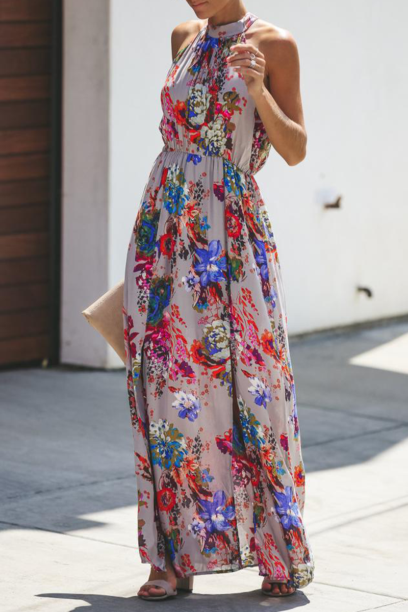 Casual Print Split Joint Halter Waist Skirt Dresses