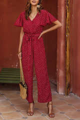 Casual Dot Patchwork V Neck Straight Jumpsuits