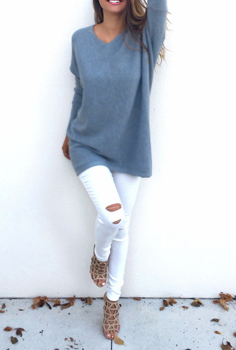 Casual Solid Split Joint V Neck Tops(9 colors)