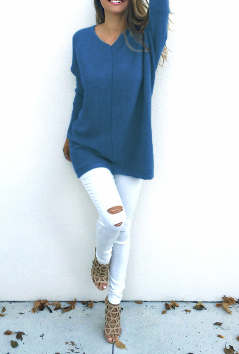 Casual Solid Split Joint V Neck Tops(9 colors)