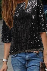 Fashion Patchwork Sequins O Neck T-Shirts(4 colors)