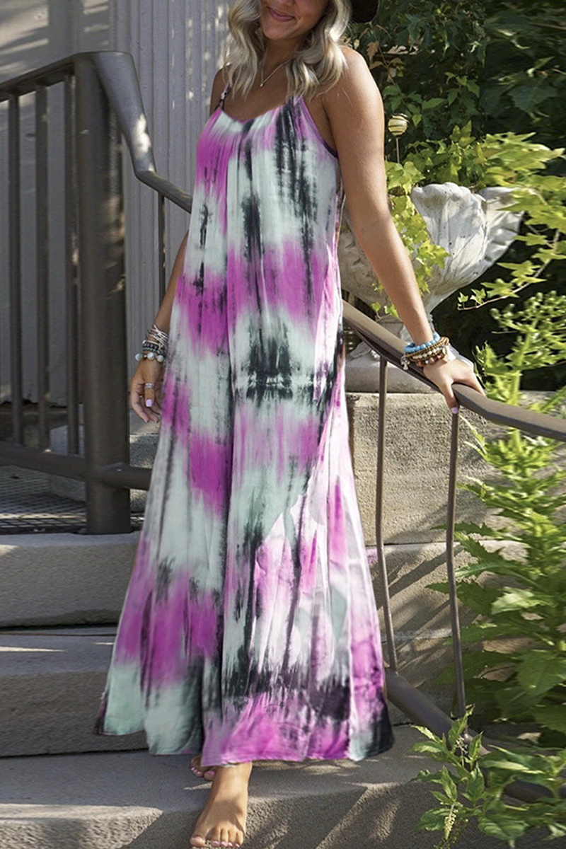 Casual Patchwork Tie-dye Spaghetti Strap Straight Dresses(7 colors)