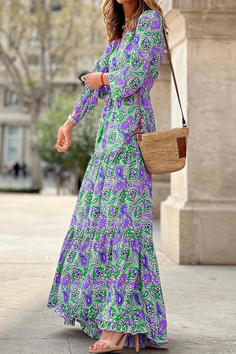 Casual Print Patchwork V Neck Cake Skirt Dresses