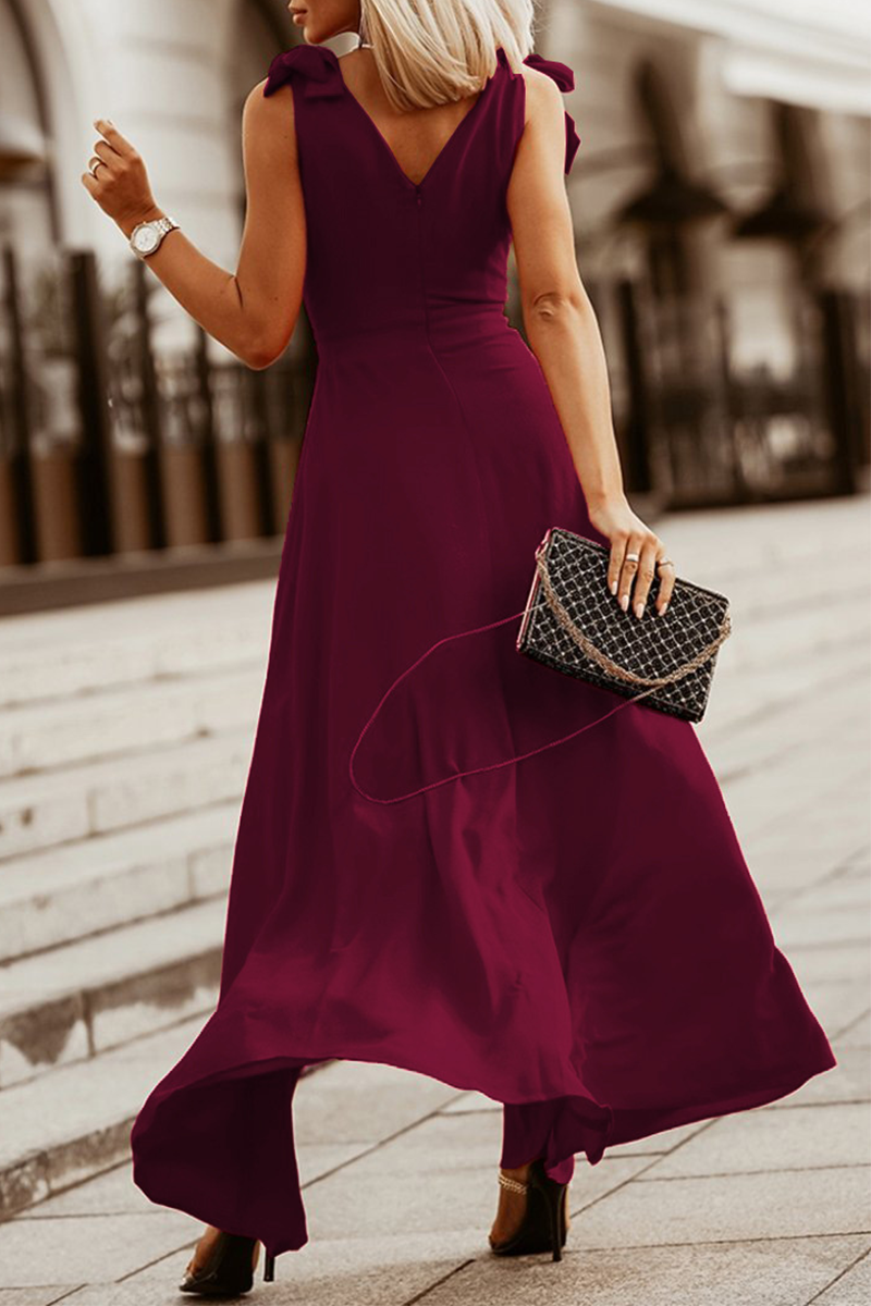 Casual Solid Bandage V Neck Cake Skirt Dresses