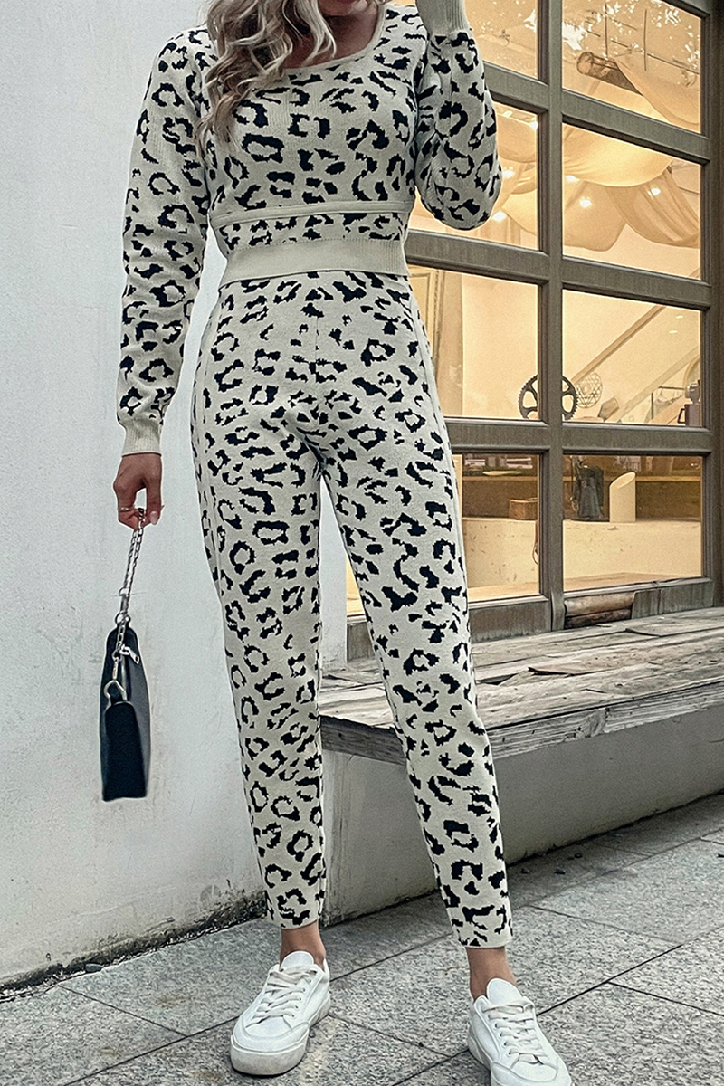 Casual Leopard Patchwork O Neck Long Sleeve Two Pieces