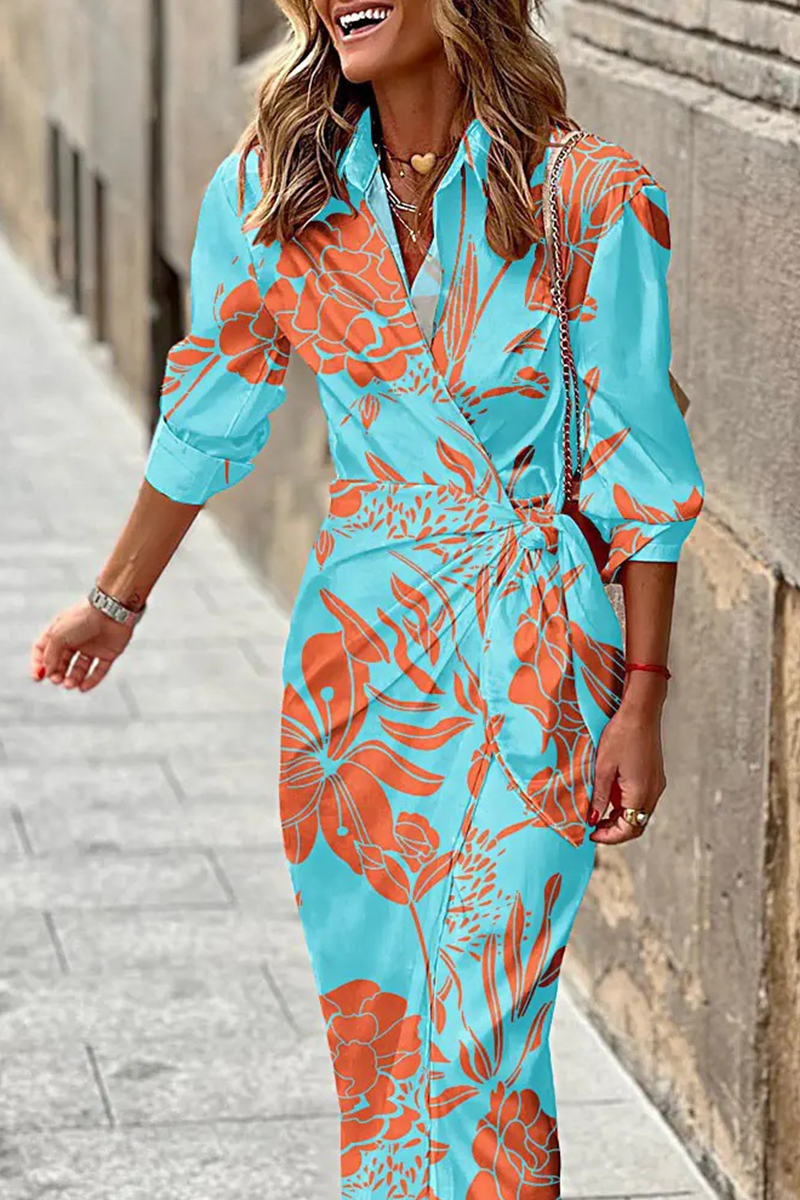 Fashion Print Patchwork Turndown Collar Shirt Dress Dresses