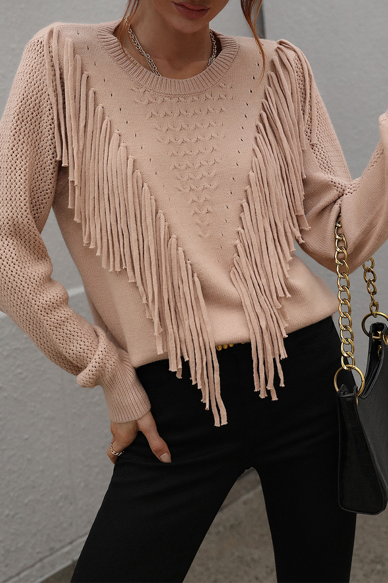 Fashion Solid Tassel Patchwork O Neck Sweaters(5 colors)