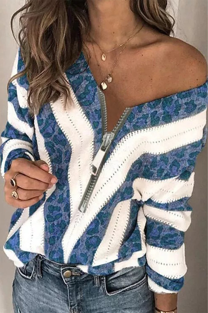 Sexy Sweet Striped Patchwork Printing V Neck Sweaters(6 Colors)