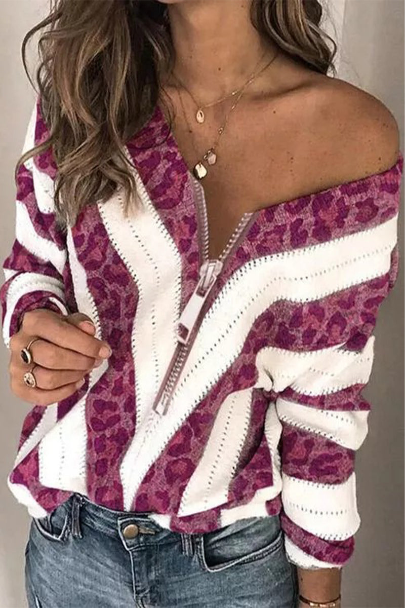 Sexy Sweet Striped Patchwork Printing V Neck Sweaters(6 Colors)