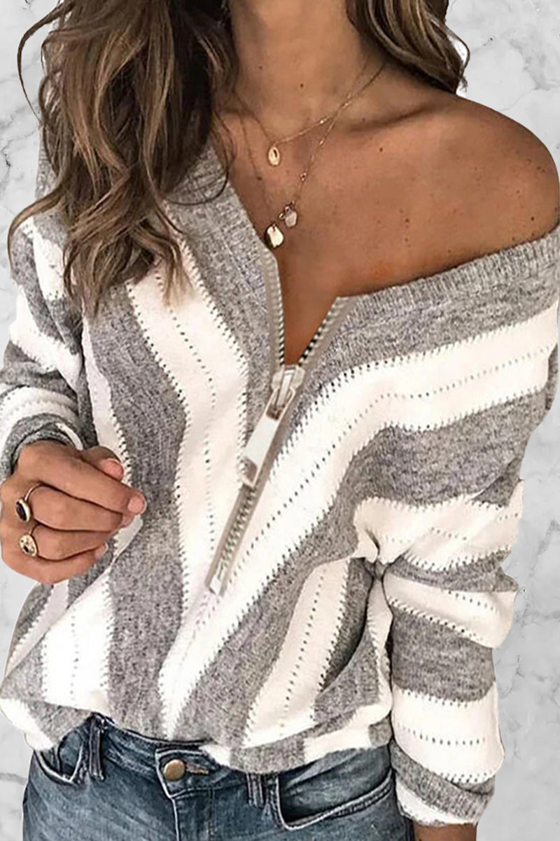 Sexy Sweet Striped Patchwork Printing V Neck Sweaters(6 Colors)