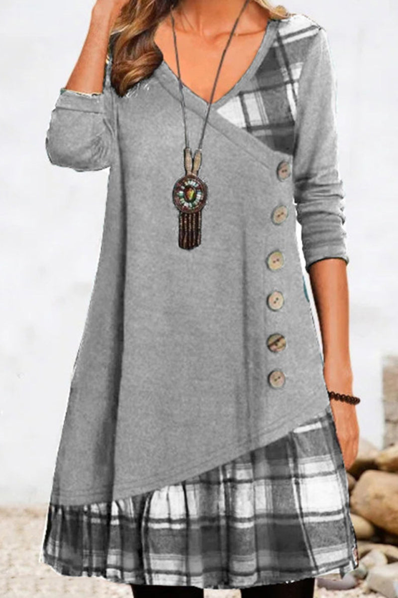 Casual Plaid Patchwork Buttons V Neck A Line Dresses