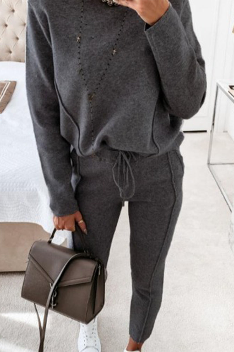 Sweet Solid O Neck Long Sleeve Two Pieces(3 Colors)