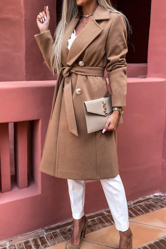Elegant College Solid With Belt V Neck Outerwear(4 Colors)