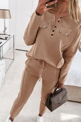 Casual Buckle V Neck Long Sleeve Two Pieces(2 Colors)