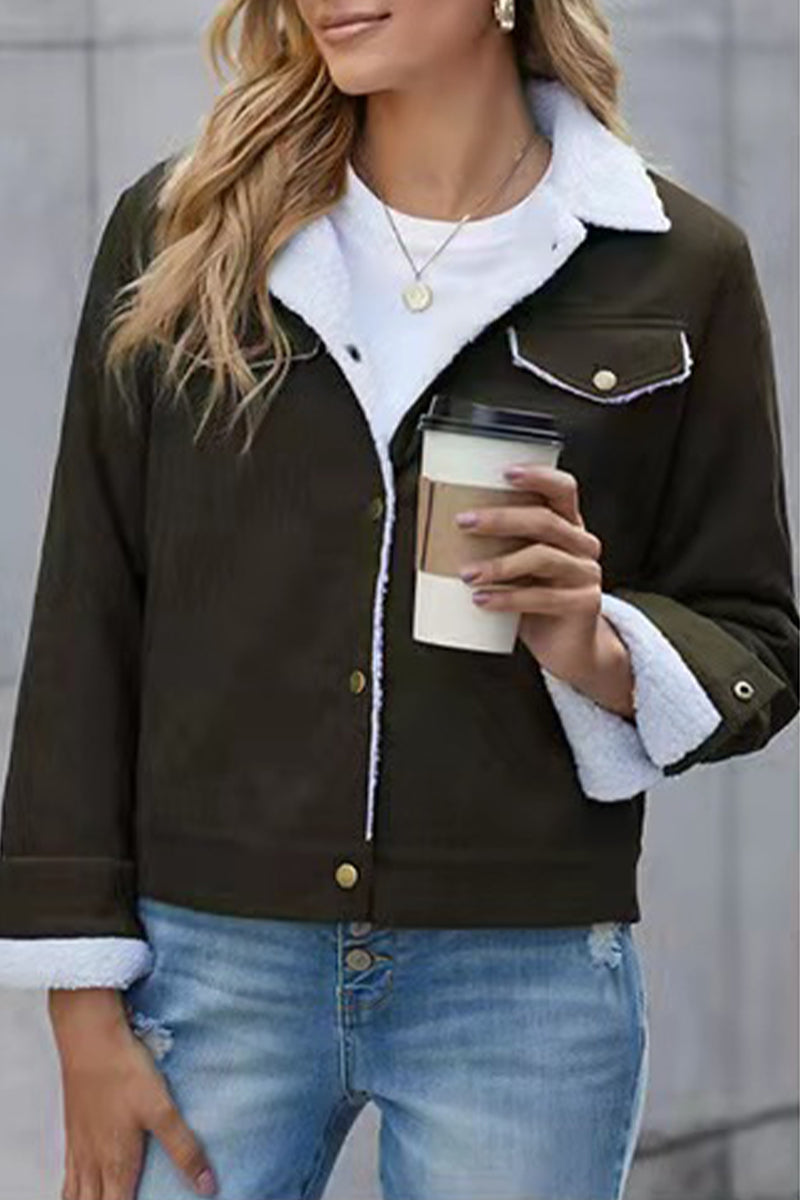 Street Solid Buckle Turndown Collar Outerwear(3 Colors)