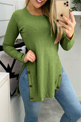 Street Solid Buttons Solid Color O Neck Tops