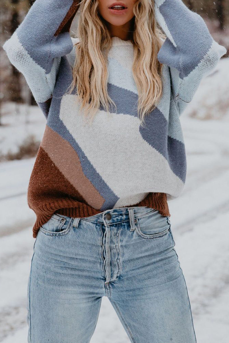 Street Color Block Contrast O Neck Tops