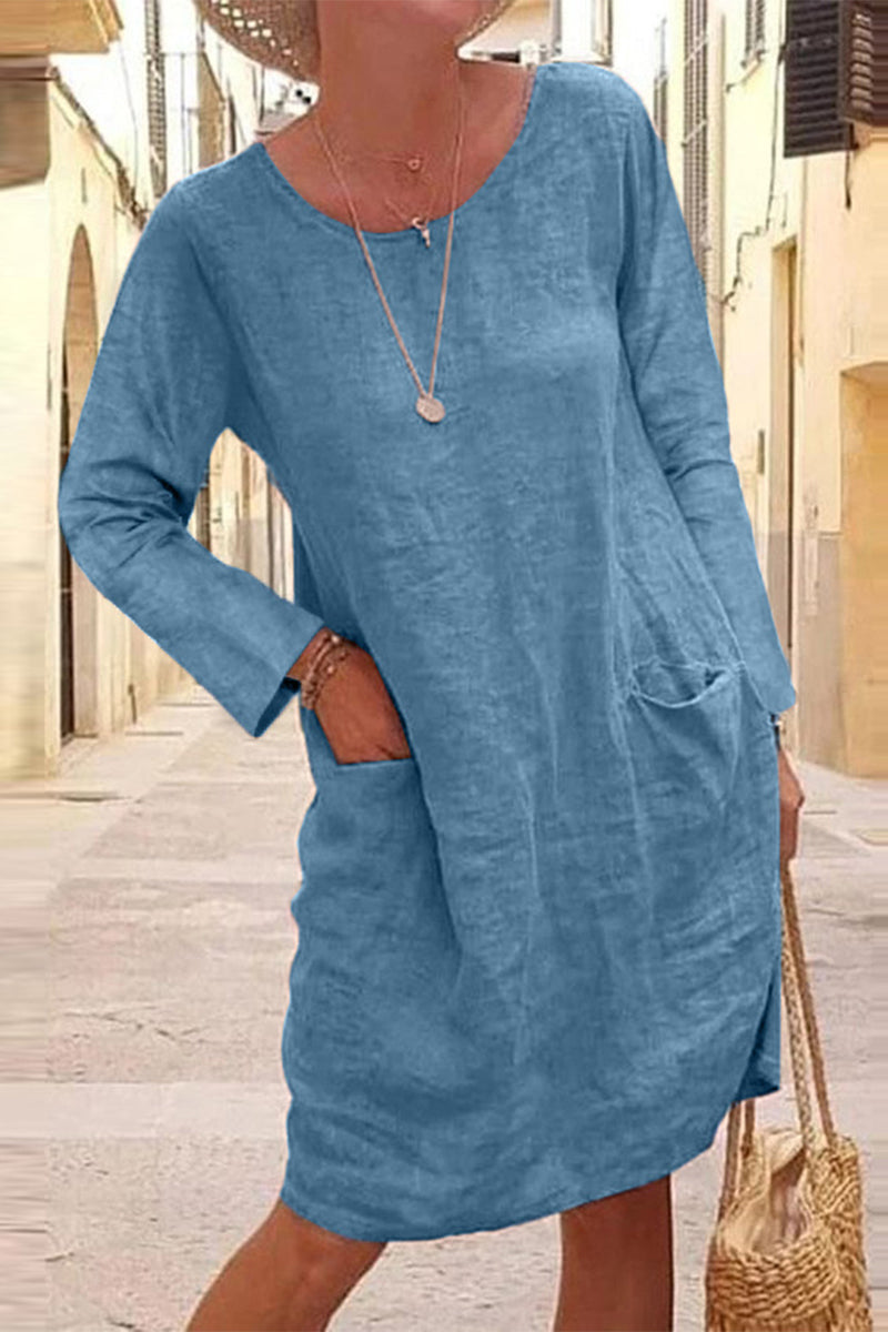 Casual Solid Patchwork Pocket V Neck Dresses(4 Colors)
