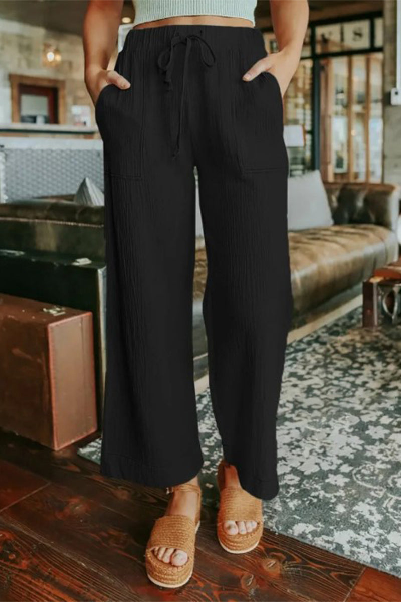 Casual Frenulum Straight Mid Waist Wide Leg Bottoms(3 Colors)