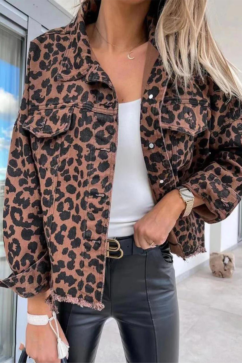 Animal Print Printing Turndown Collar Outerwear