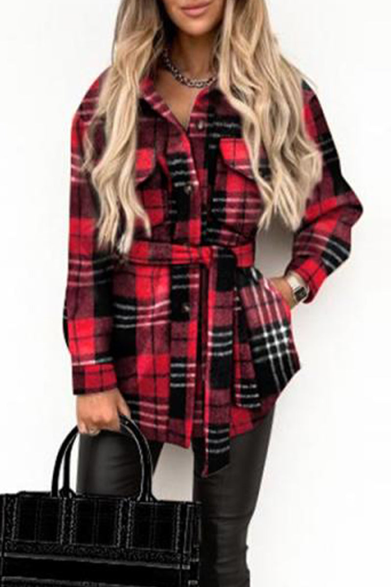 Street Plaid Buckle With Belt Turndown Collar Outerwear(5 Colors)