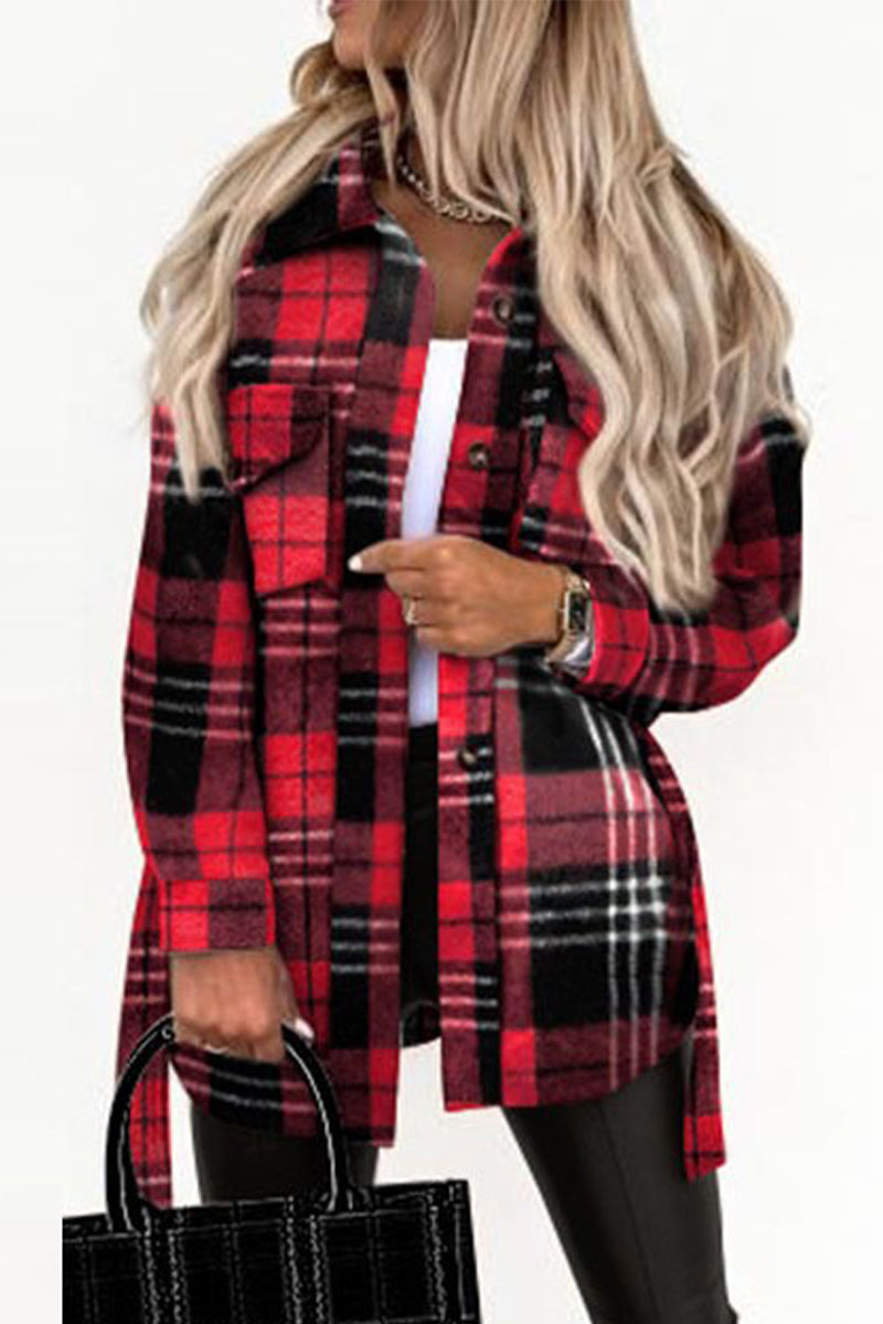 Street Plaid Buckle With Belt Turndown Collar Outerwear(5 Colors)