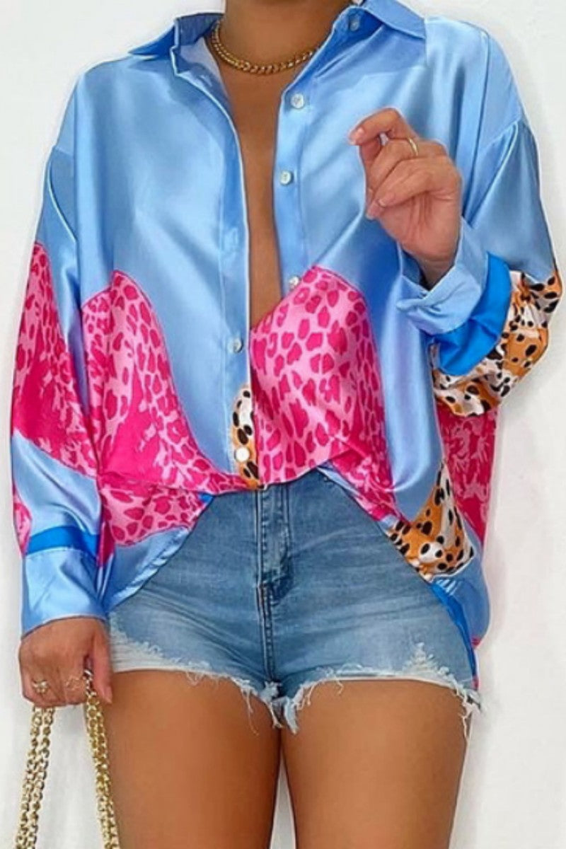 Casual Print Patchwork Turndown Collar Blouses