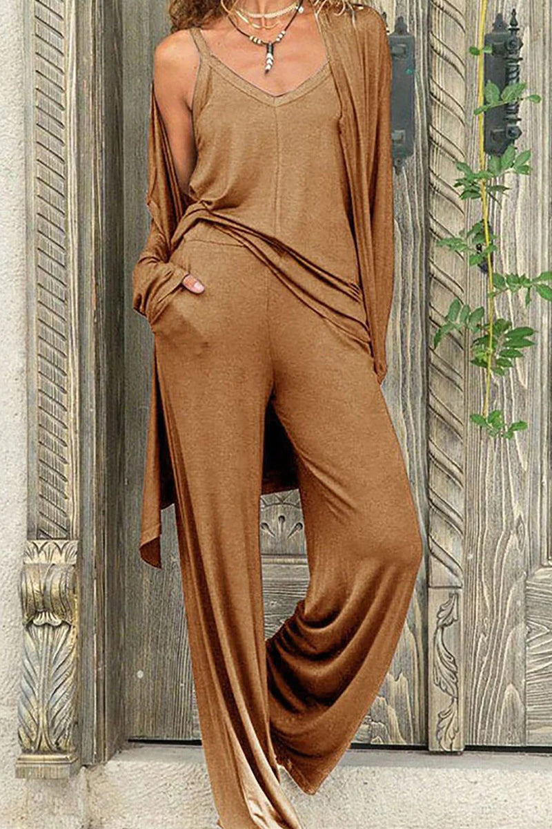Casual Solid V Neck Long Sleeve Three Pieces(4 Colors)