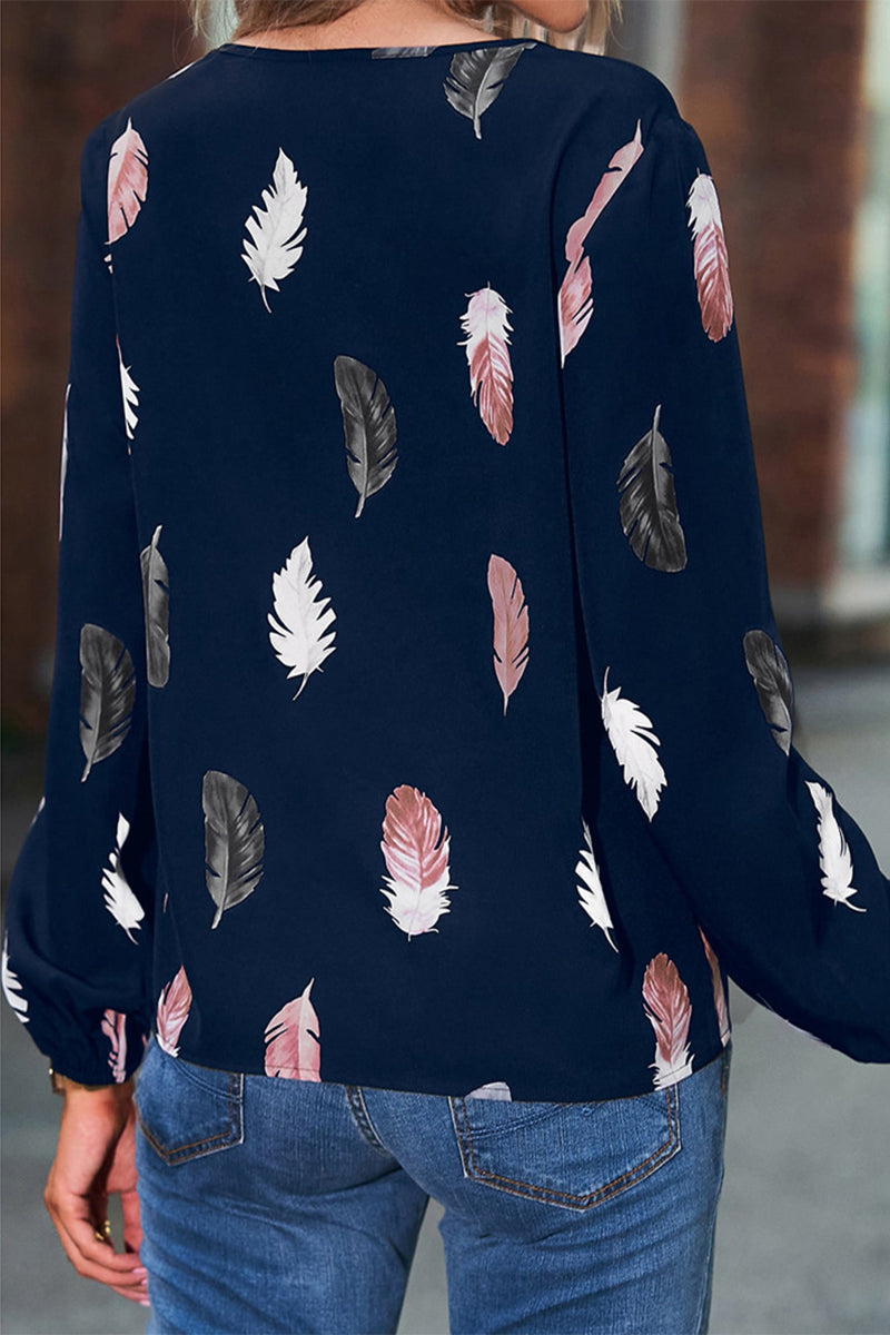 Casual Print Feathers Printing V Neck Tops(7 Colors)