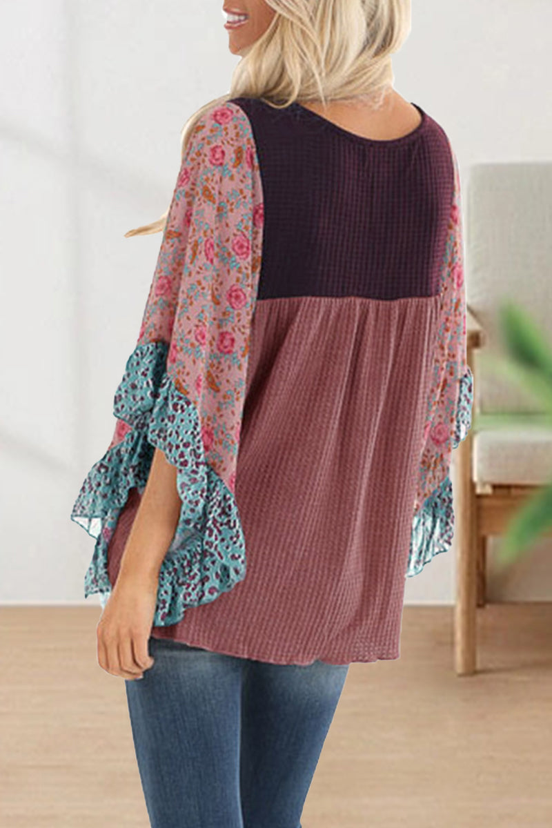 Casual Print Contrast O Neck Tops(8 Colors)