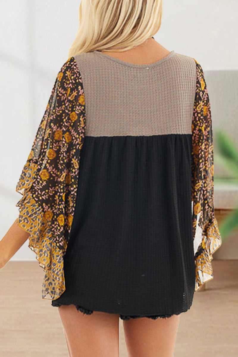 Casual Print Contrast O Neck Tops(8 Colors)