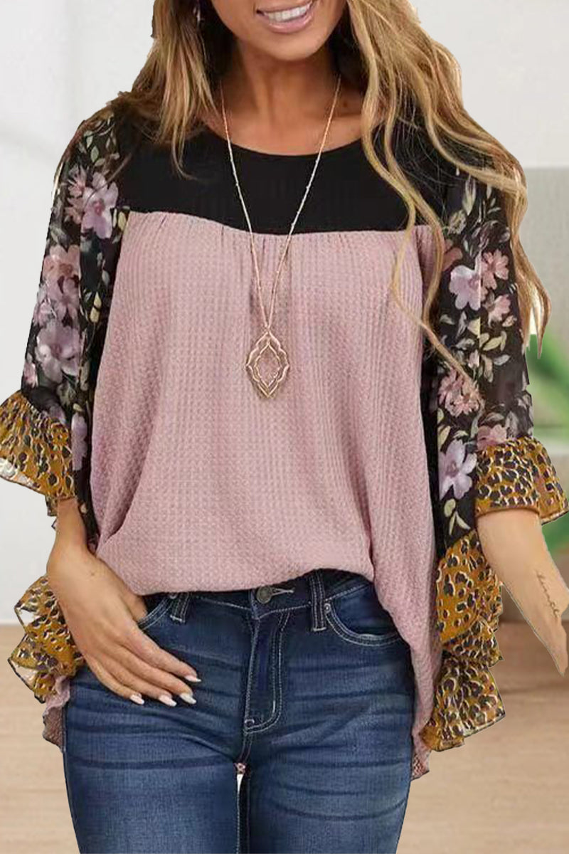 Casual Print Contrast O Neck Tops(8 Colors)