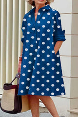 Casual Print Polka Dot Patchwork Buckle Turndown Collar Shirt Dress Dresses(13 Colors)