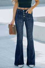 Street Solid Patchwork High Waist Boot Cut Denim Jeans